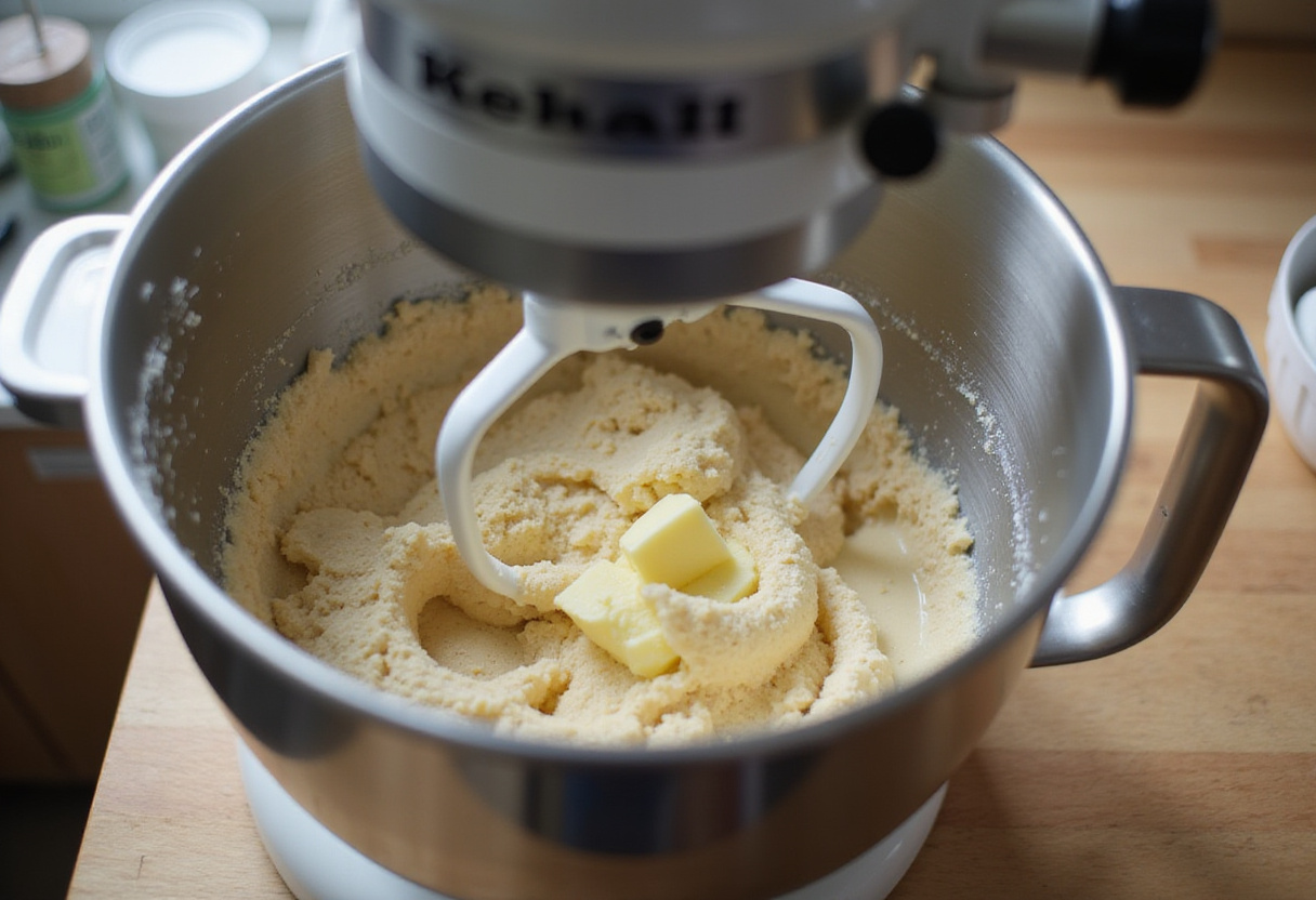Mixing butter and dry ingredients for Cotton Candy Cake.