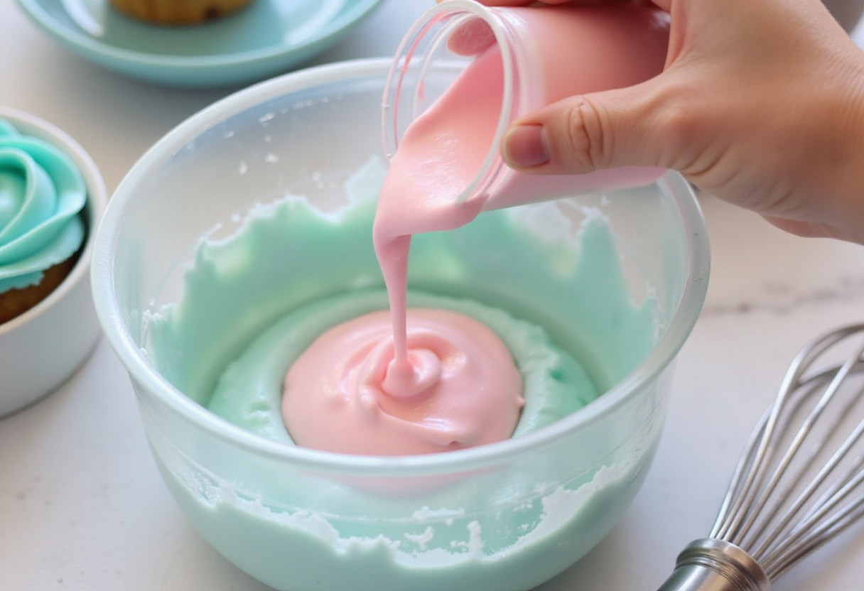 Adding food coloring to frosting for Cotton Candy Cake.