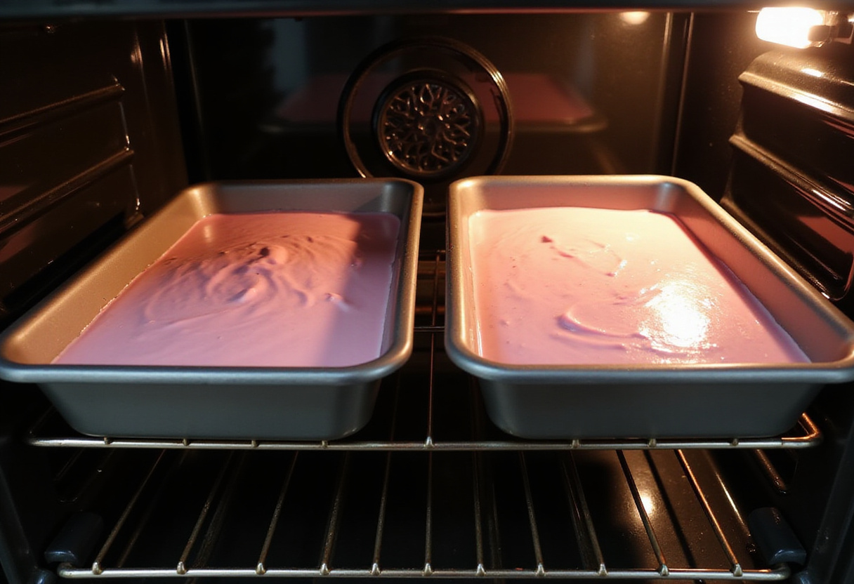 Cake pans with Cotton Candy Cake batter baking in the oven.