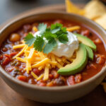 Delicious Taco Soup with toppings, ready to serve.