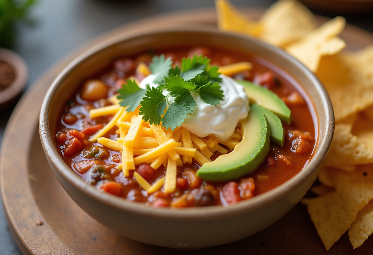 Delicious Taco Soup with toppings, ready to serve.