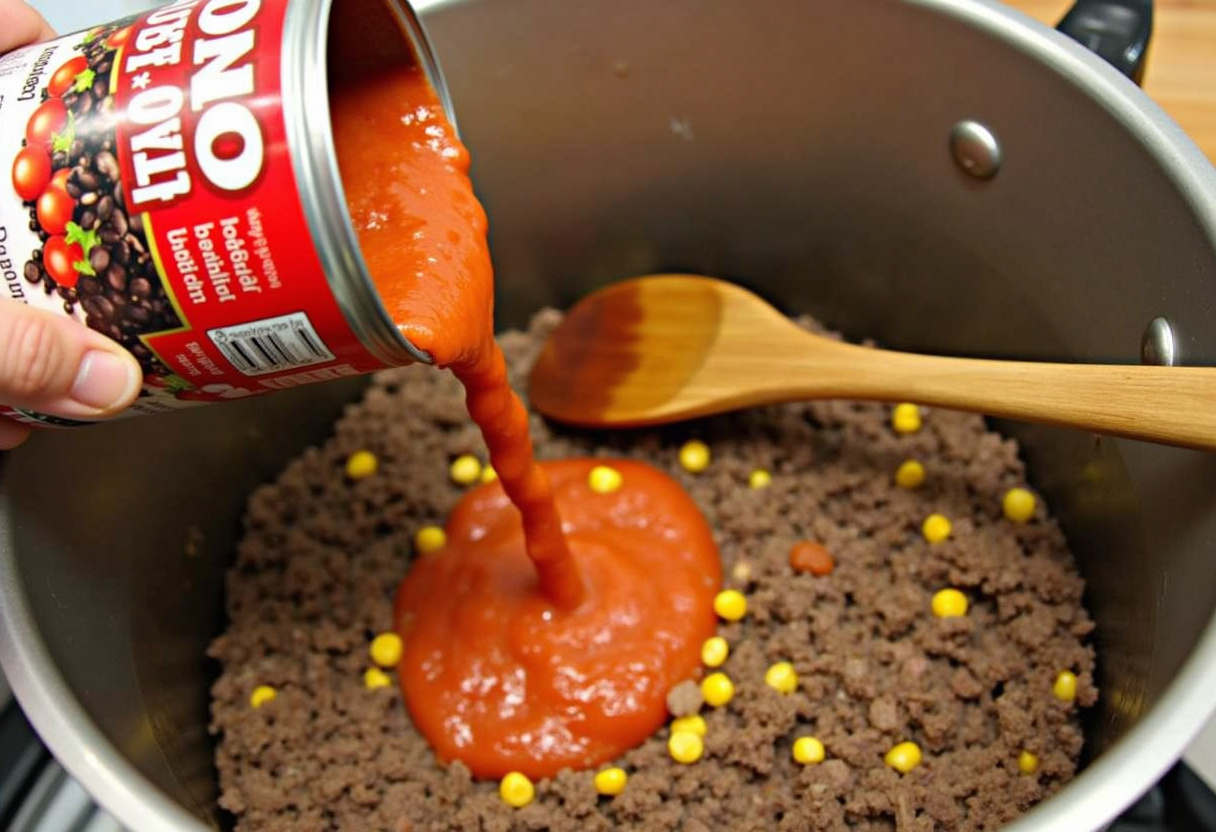 Adding diced tomatoes, black beans, and corn to the pot for Taco Soup.