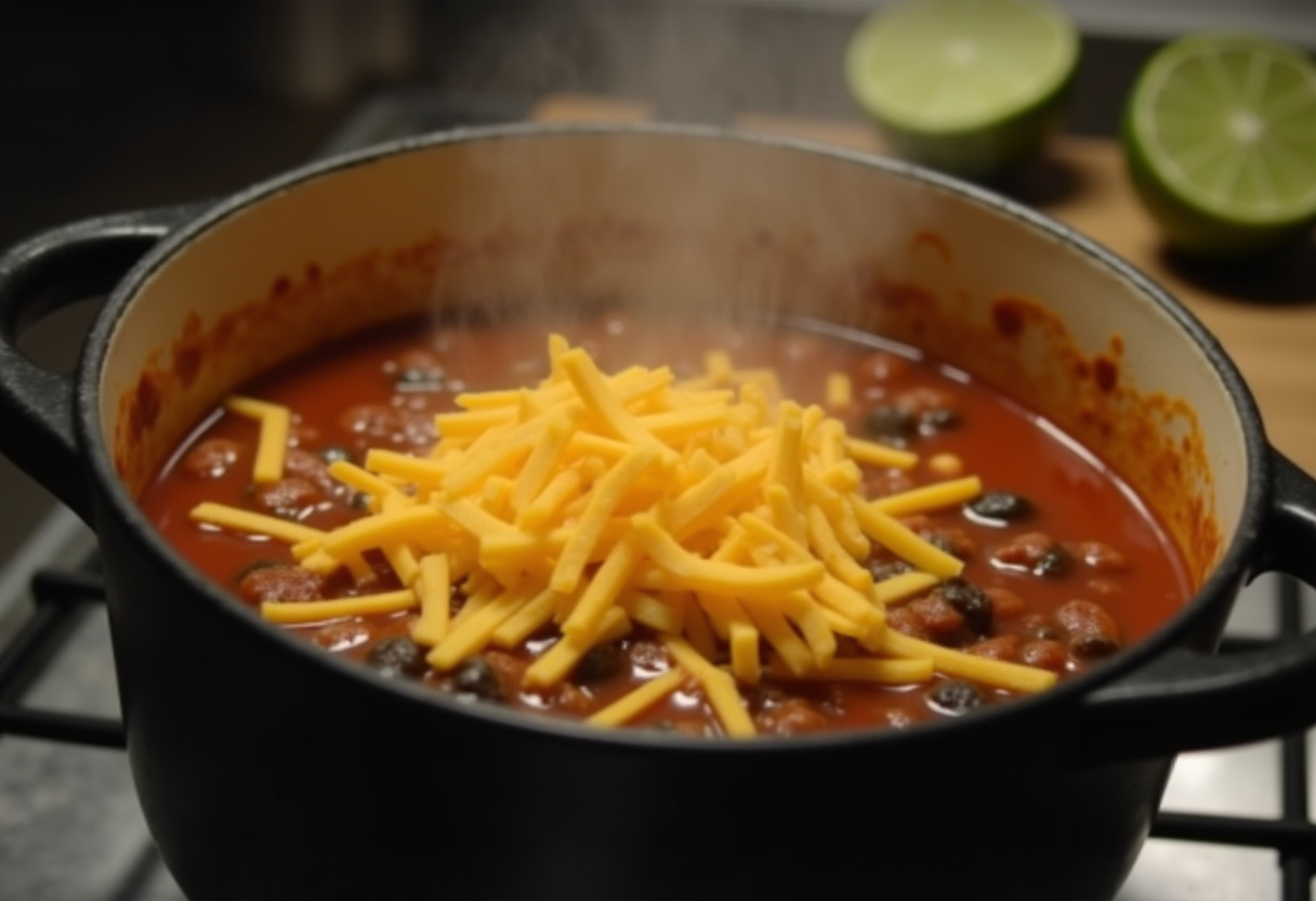 Simmering Taco Soup topped with cheese and lime.