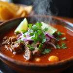 Delicious Mexican Birria in a bowl with garnishes and tortillas, ready to eat.