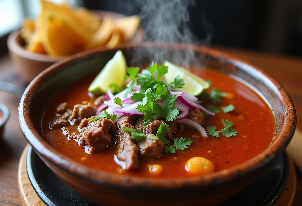 Delicious Mexican Birria in a bowl with garnishes and tortillas, ready to eat.