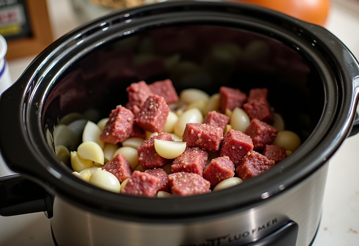 Beef, onions, and garlic in a crockpot ready for making Mexican Birria.