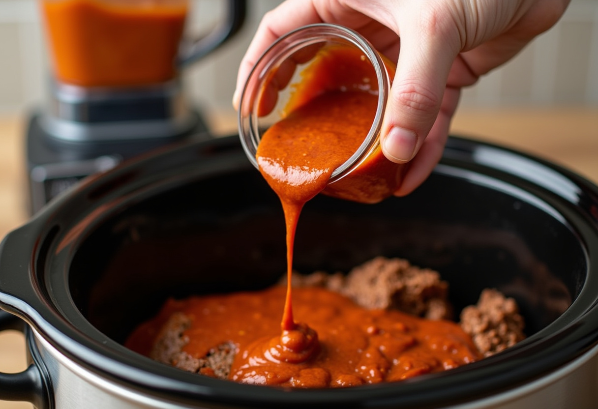 Red chili sauce being poured over beef for authentic Mexican Birria.