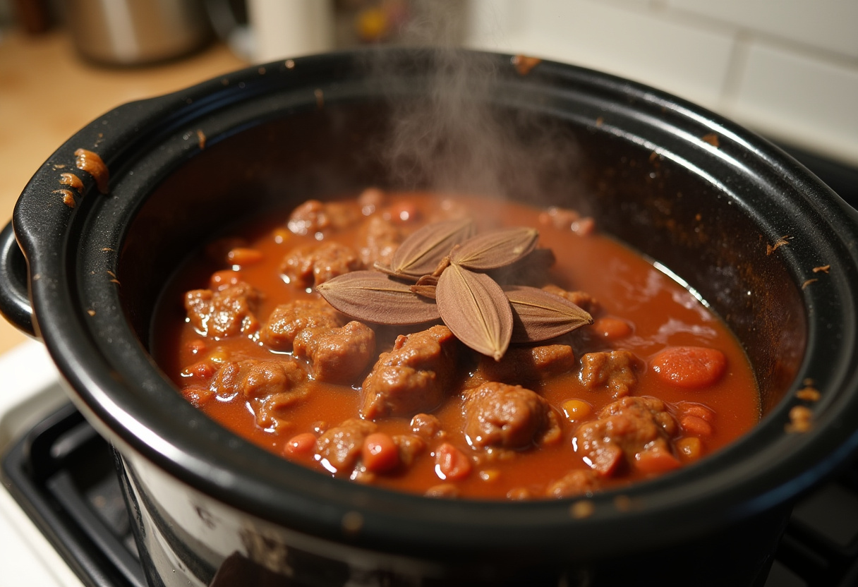Simmering beef and chili mixture in a crockpot for Birria.