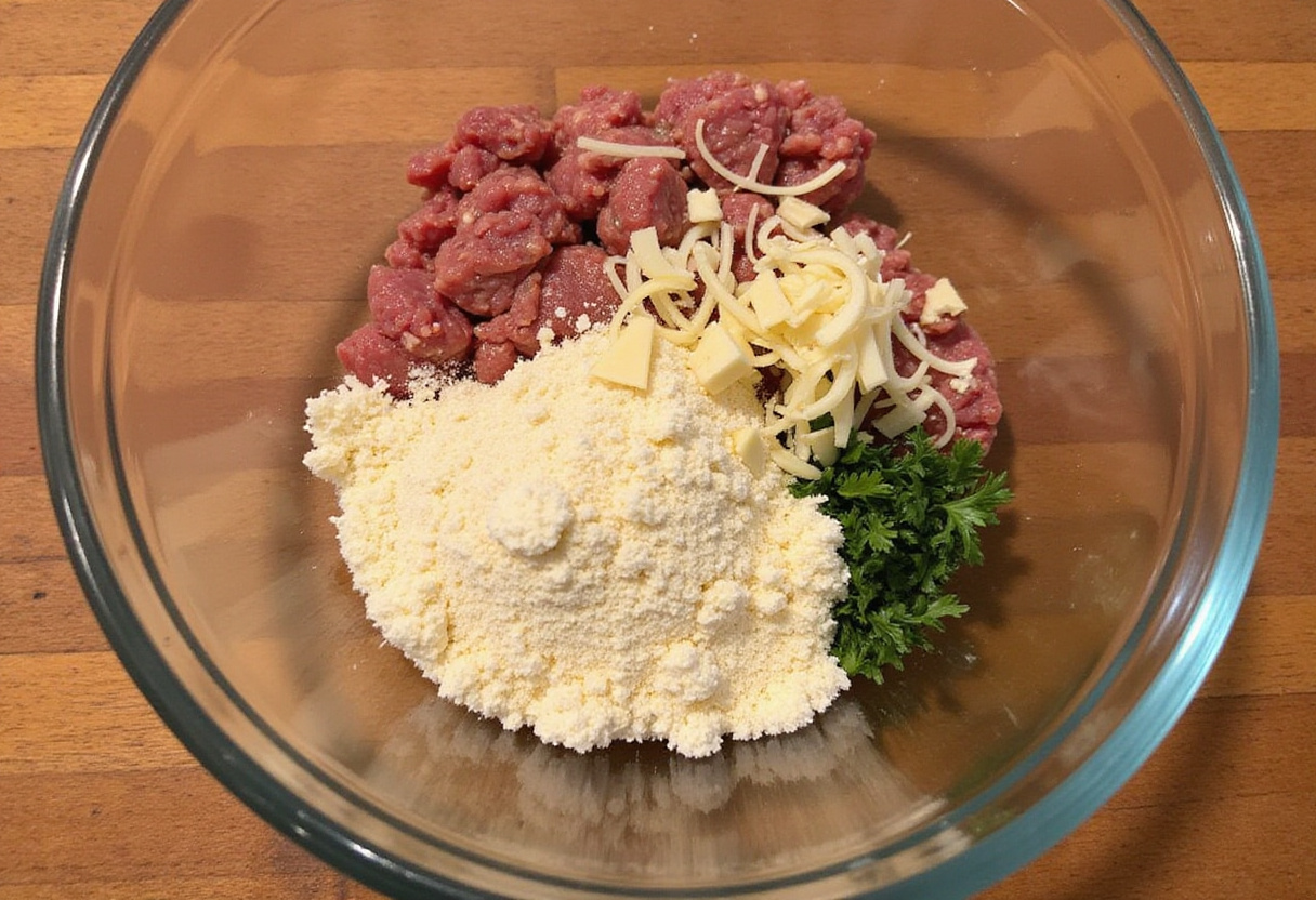 Ingredients for 4C bread crumbs meatball recipe in a mixing bowl.