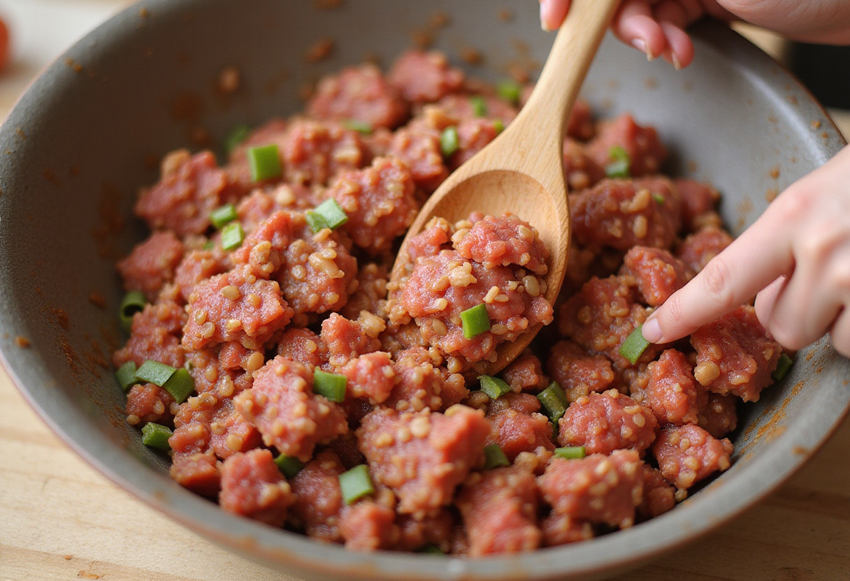 Mixing ground meat, 4C bread crumbs and spices for meatball recipe.