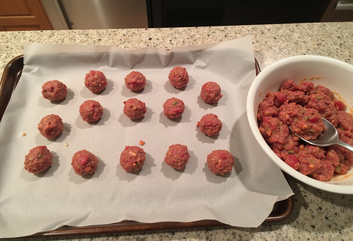 Baking sheet prepared with parchment paper for baking 4C bread crumbs meatballs.