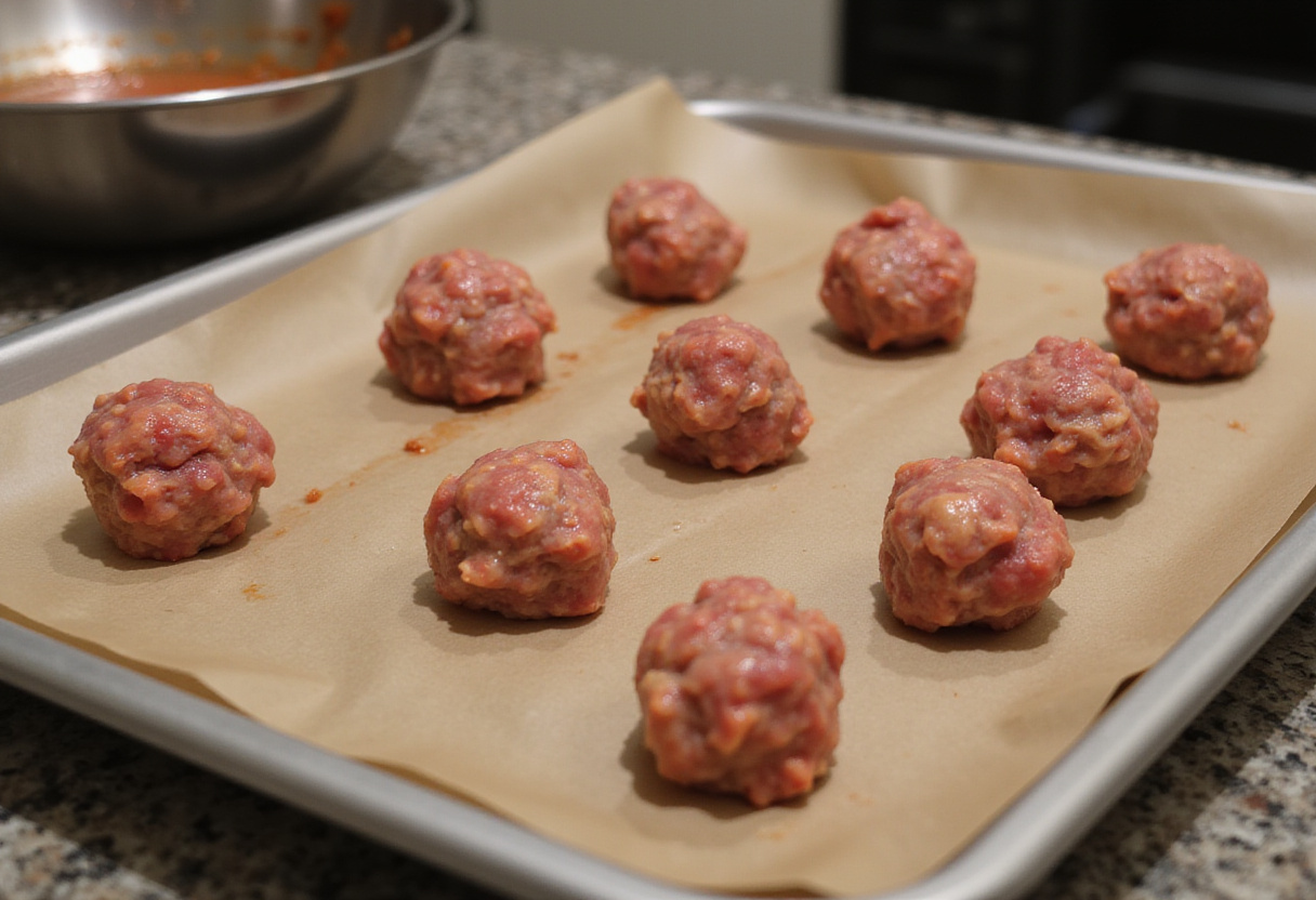 Meatballs formed and ready for baking using 4C bread crumbs recipe.
