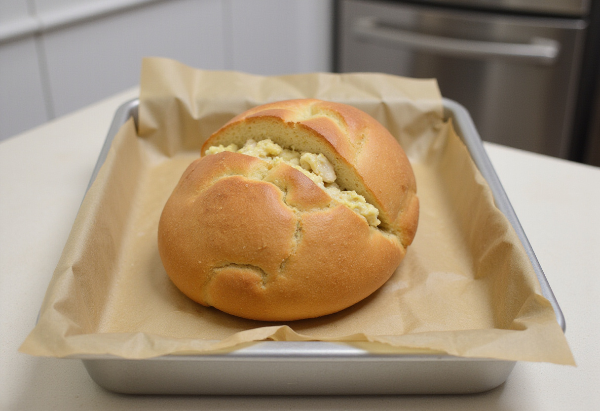 Hollowed bread loaf prepared for chicken bread filling.