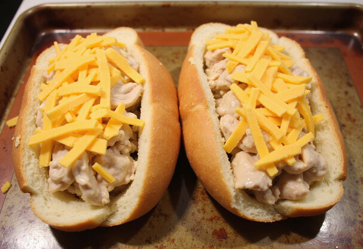 Chicken bread loaf filled and topped with cheese before baking.