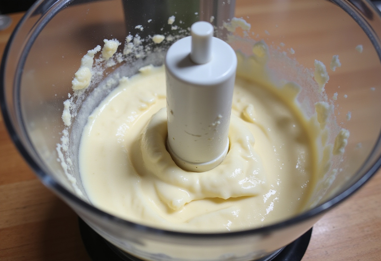 Cottage cheese being blended in a food processor for making chips.
