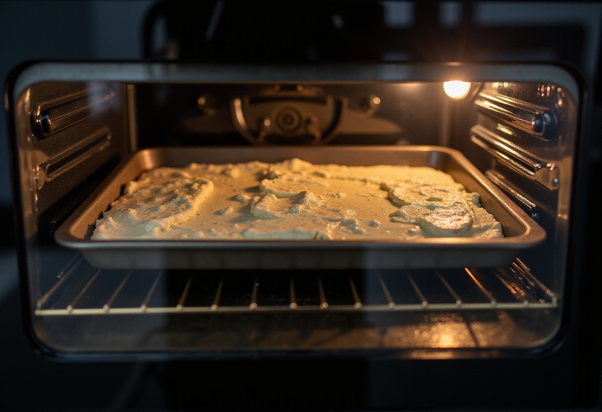 Cottage cheese baking in the oven to make homemade chips.