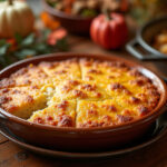 Golden-brown Amish casserole with crispy cheese topping, perfect for Thanksgiving dinner.