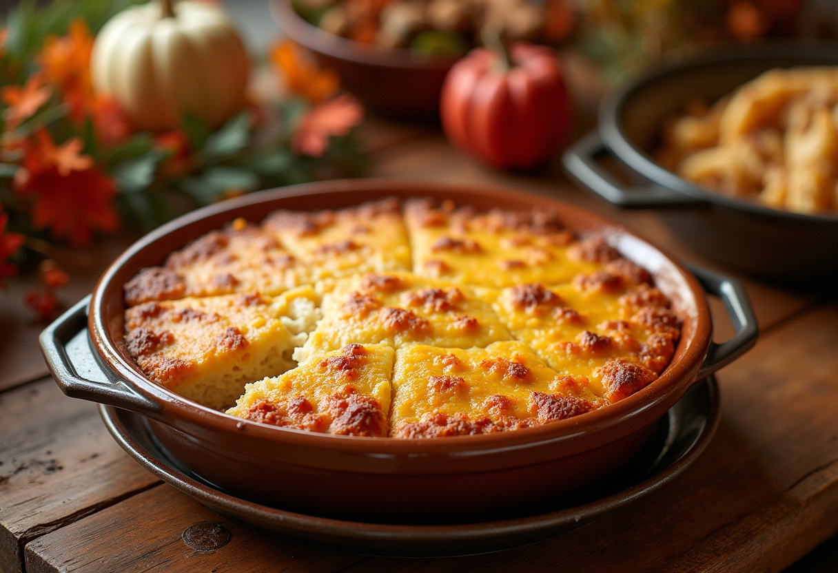 Golden-brown Amish casserole with crispy cheese topping, perfect for Thanksgiving dinner.