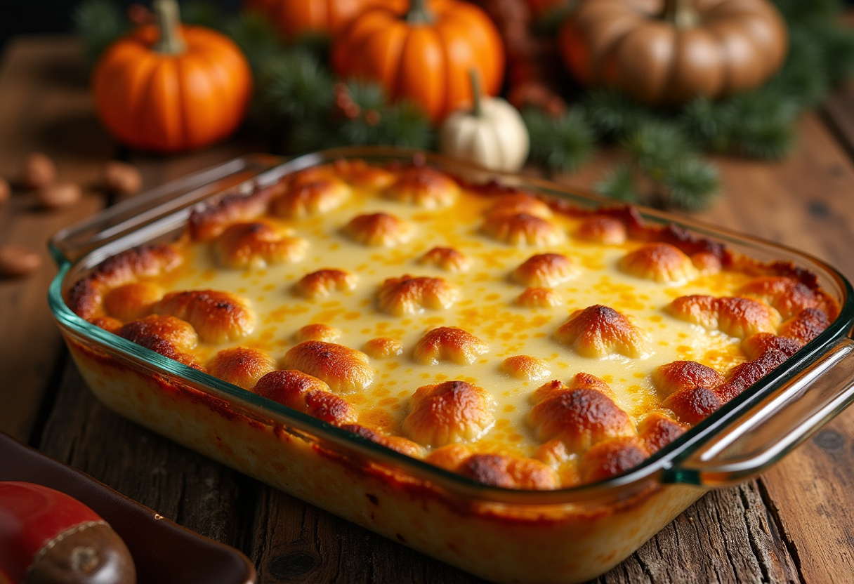 Golden-brown Amish casserole with crispy cheese topping, perfect for Thanksgiving dinner.