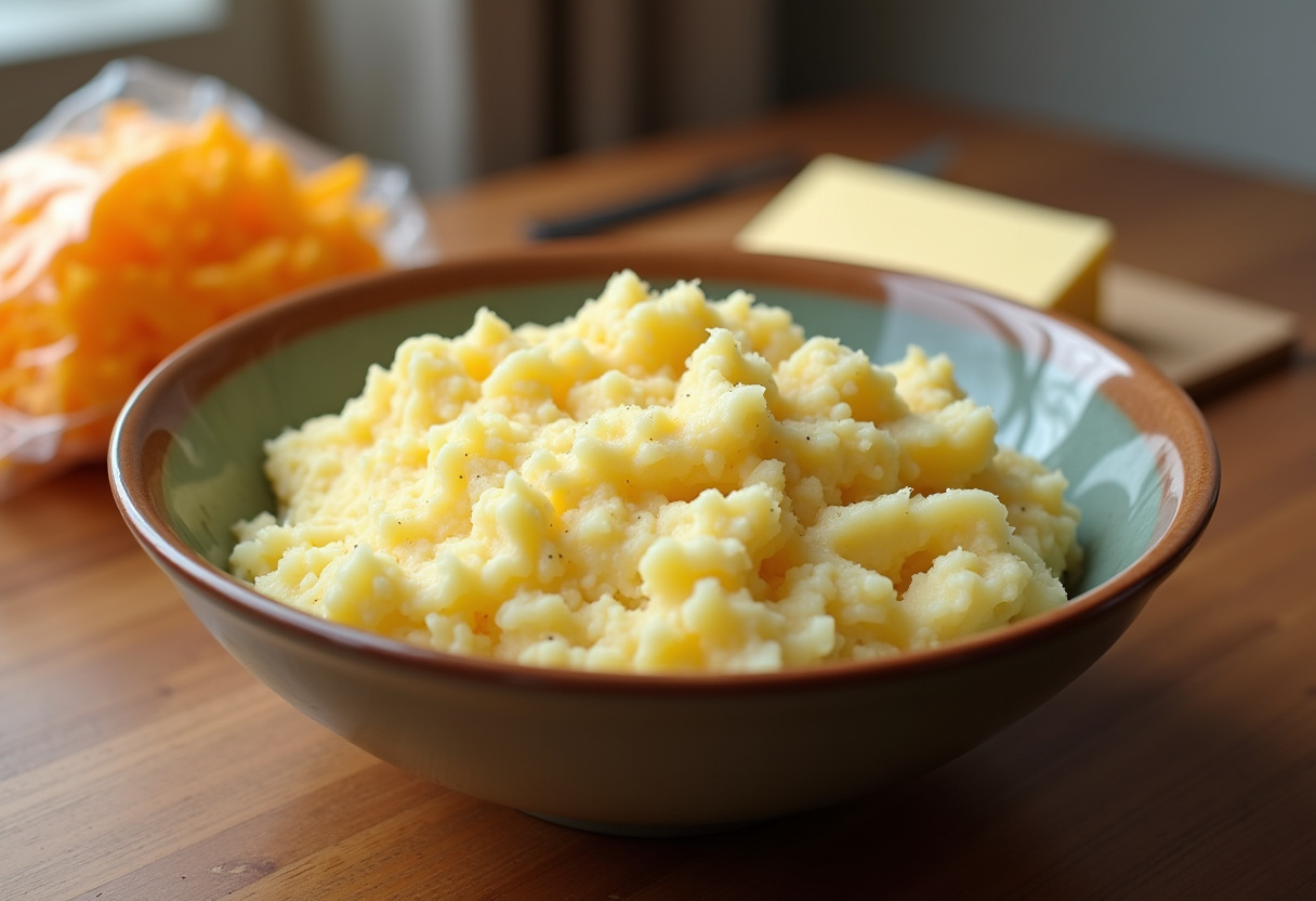 Creamy mashed potatoes in a mixing bowl with cheddar cheese and butter for Amish Thanksgiving recipe.