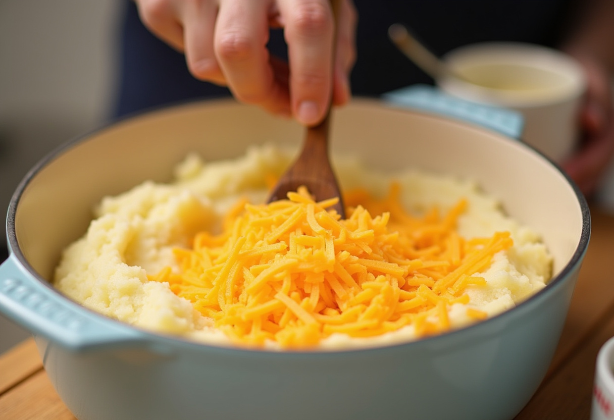 Shredded cheddar cheese being mixed into mashed potatoes for Amish Thanksgiving dish.