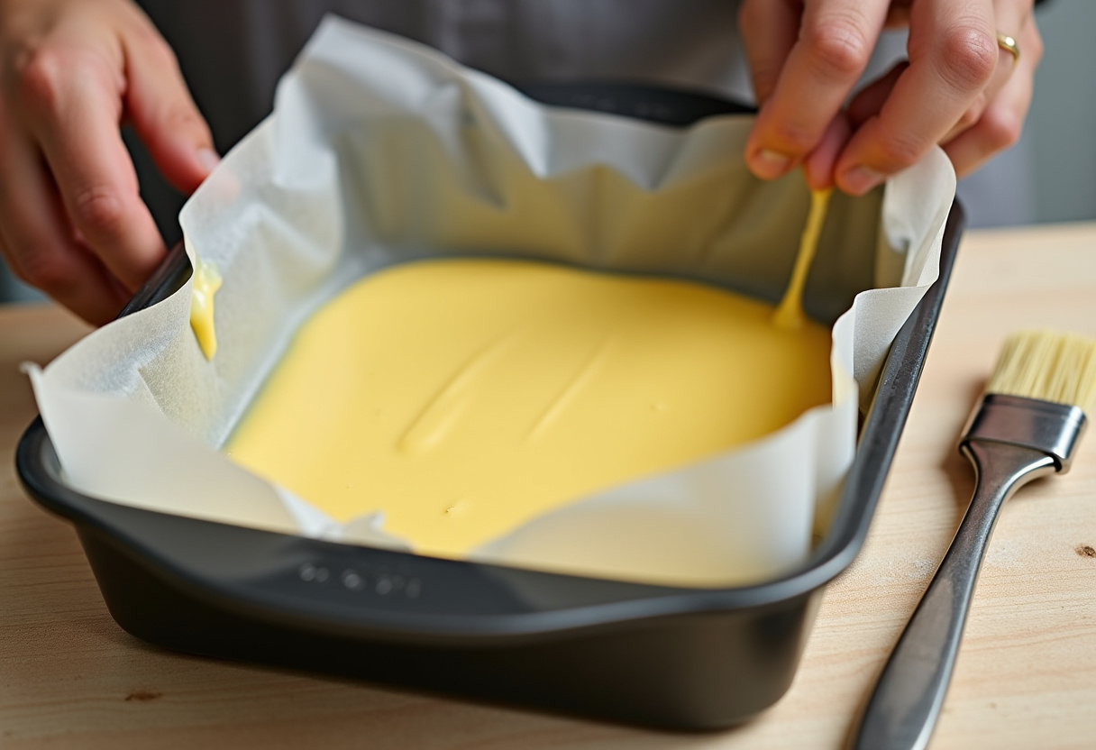 Baking dish being prepared with butter for Amish Thanksgiving casserole.