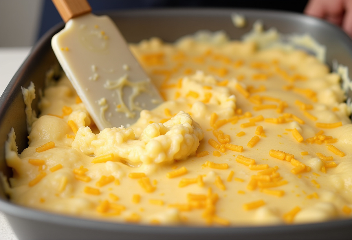 Mashed potato and cheese mixture being spread in a baking dish for Amish Thanksgiving recipe.