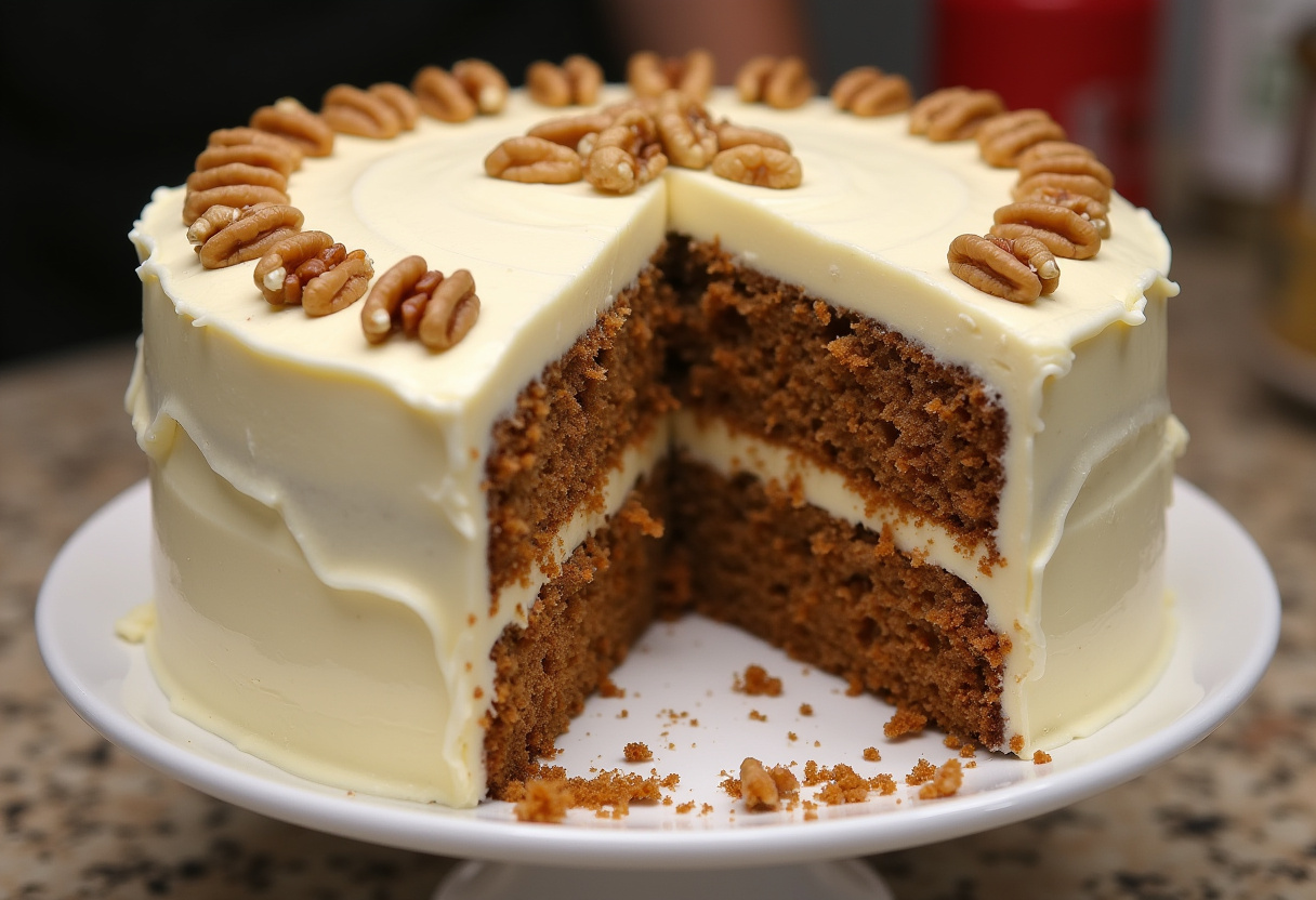 Finished Traditional Carrot Cake with cream cheese frosting and walnuts, ready to serve.