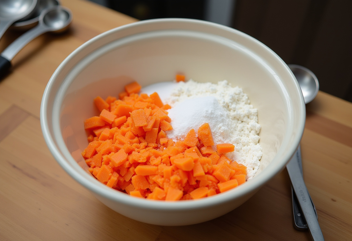 Grated carrots mixed with flour and sugar for Traditional Carrot Cake batter.
