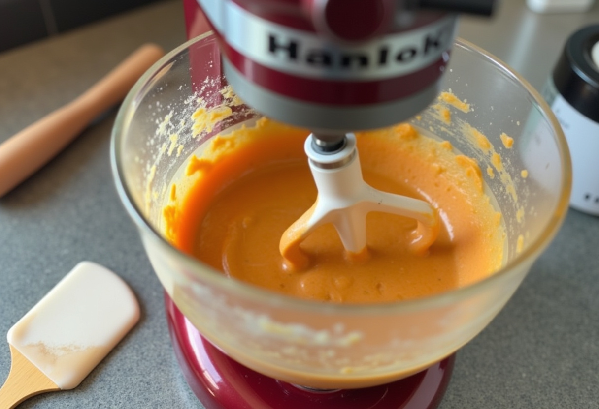 Stand mixer preparing Traditional Carrot Cake batter.