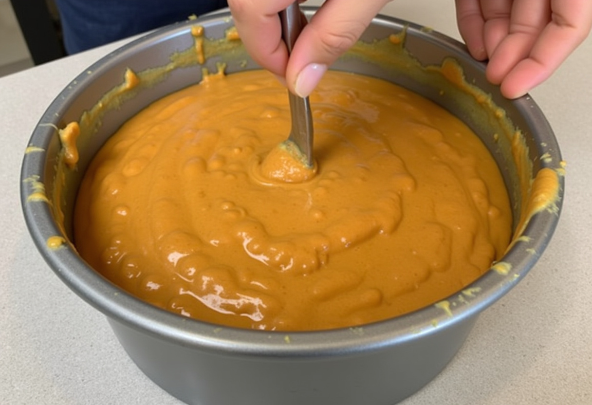 Cake pan filled with Traditional Carrot Cake batter ready for baking.