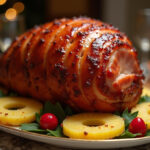 Finished Traditional Glazed Ham with shiny glaze and festive garnishes, perfect for holiday meals.