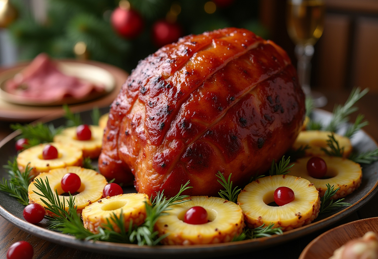 Finished Traditional Glazed Ham with shiny glaze and festive garnishes, perfect for holiday meals.