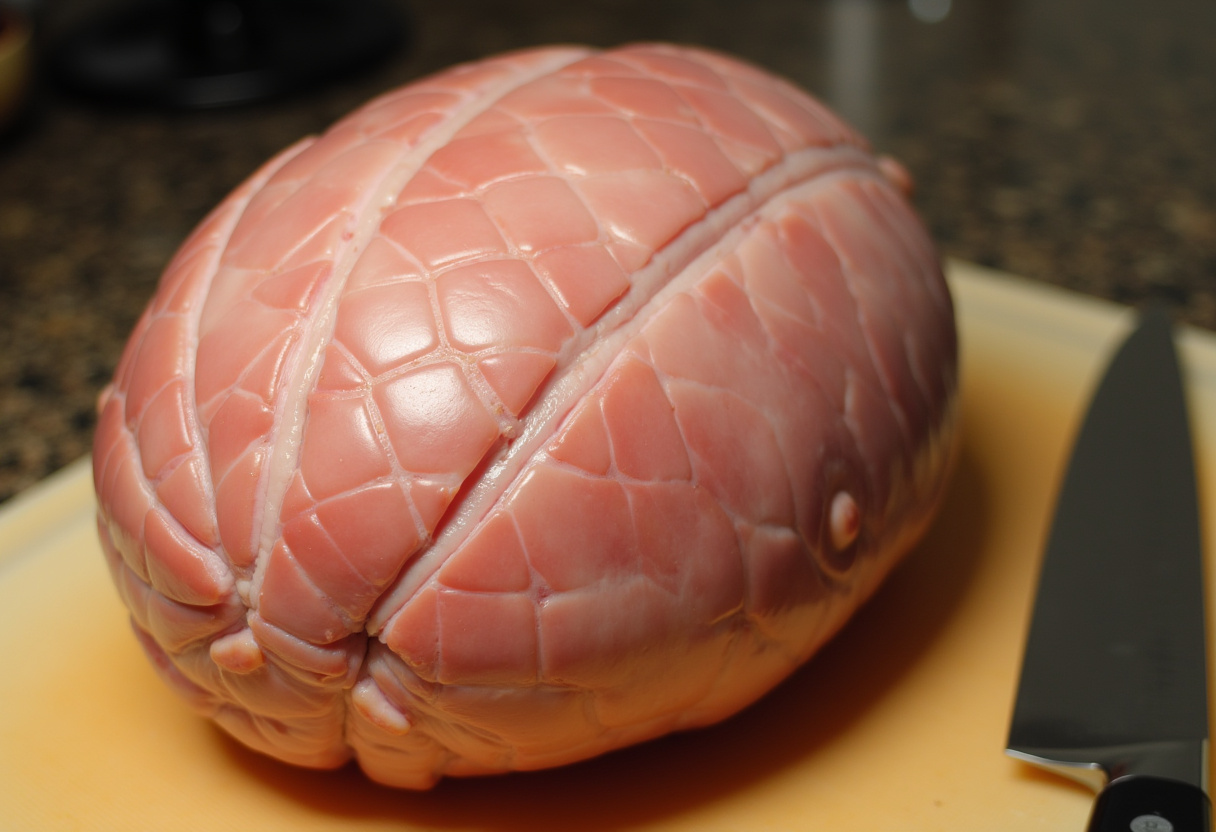 Large ham ready to be scored for Traditional Glazed Ham recipe.