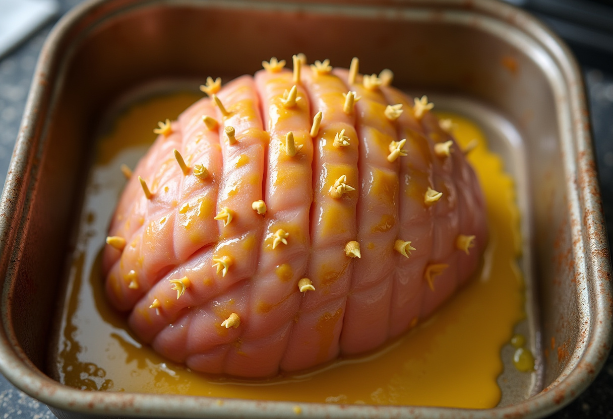 Scored ham brushed with mustard and studded with cloves for glazing.