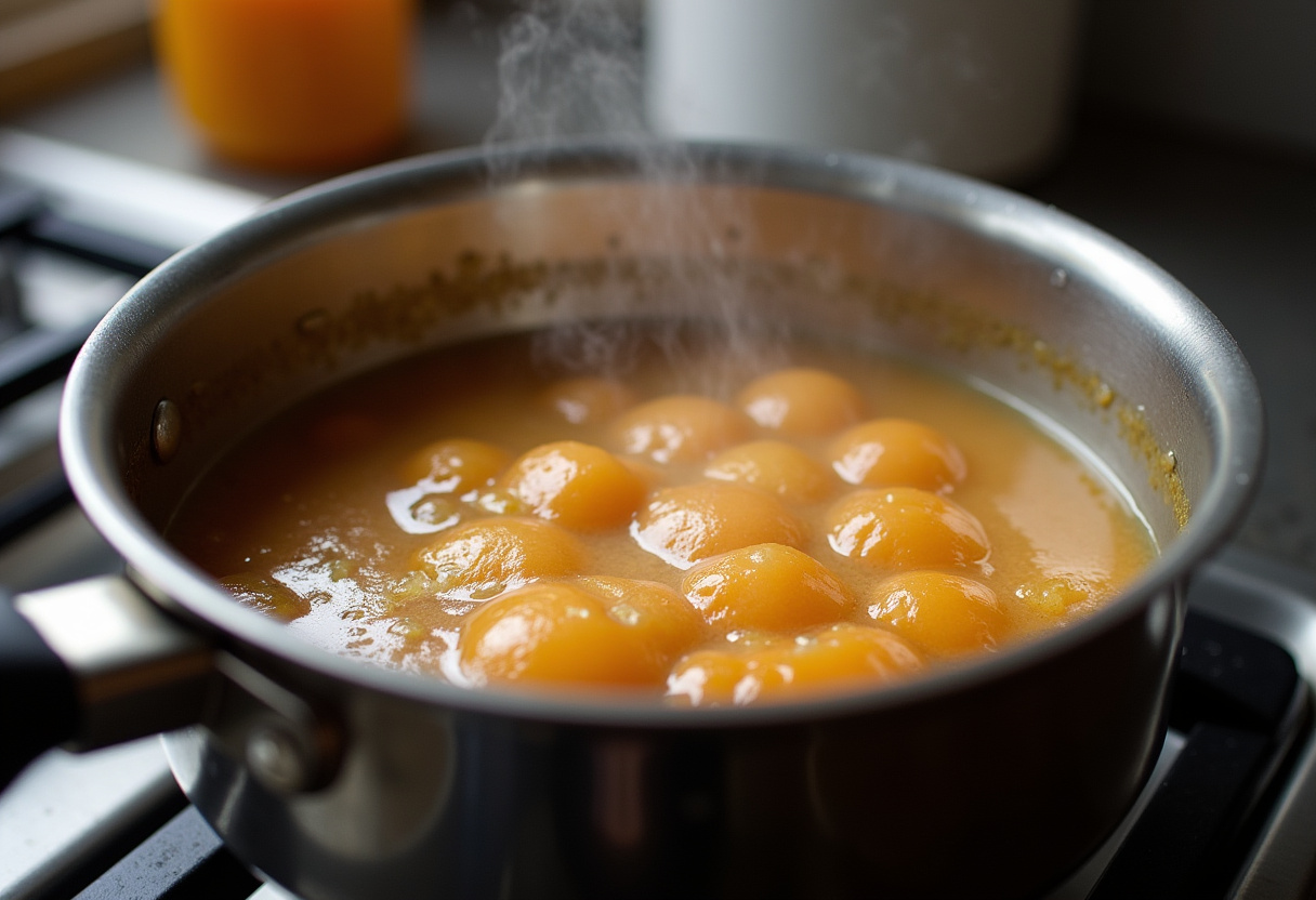 Simmering glaze made of brown sugar, honey, and pineapple juice for Traditional Glazed Ham.