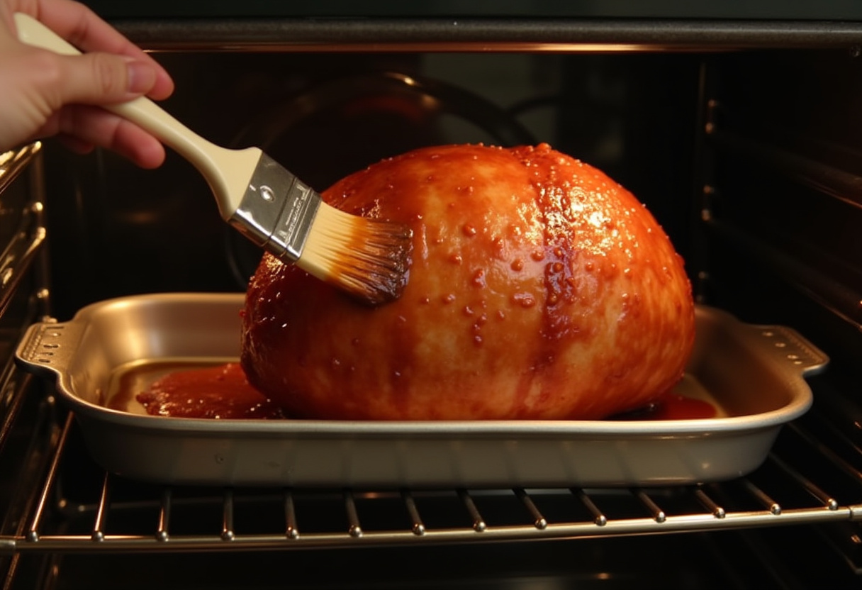 Ham being basted with glaze in the oven for Traditional Glazed Ham.