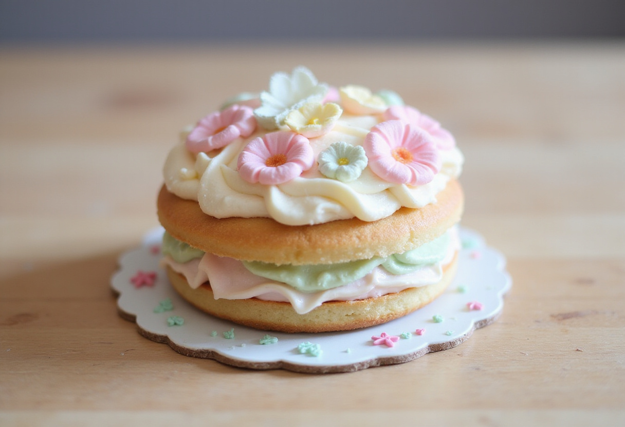 Finished ultimate bento cake with pastel frosting and sugar decorations.