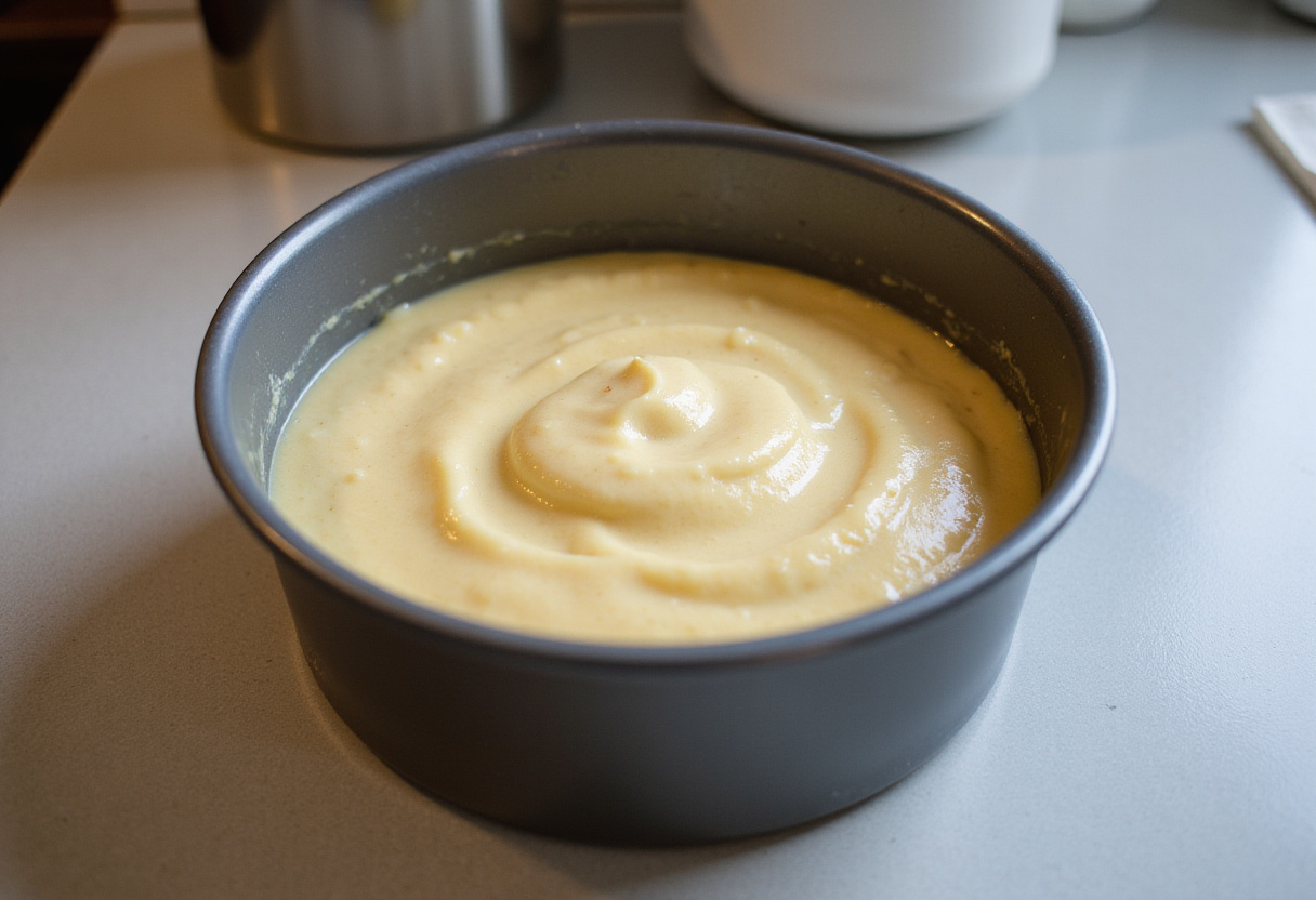 Vanilla cake batter in a round pan for making a bento cake.