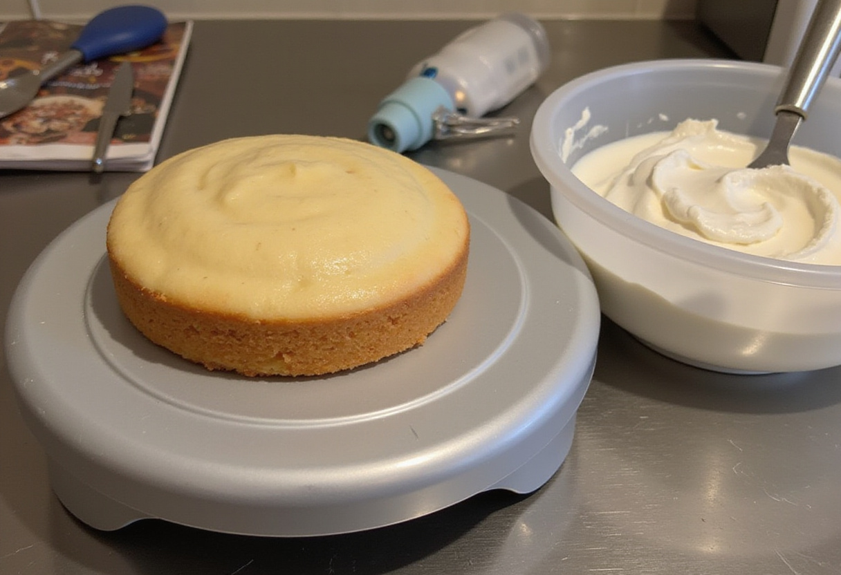 Small vanilla cake on a turntable ready for frosting for a bento cake tutorial.
