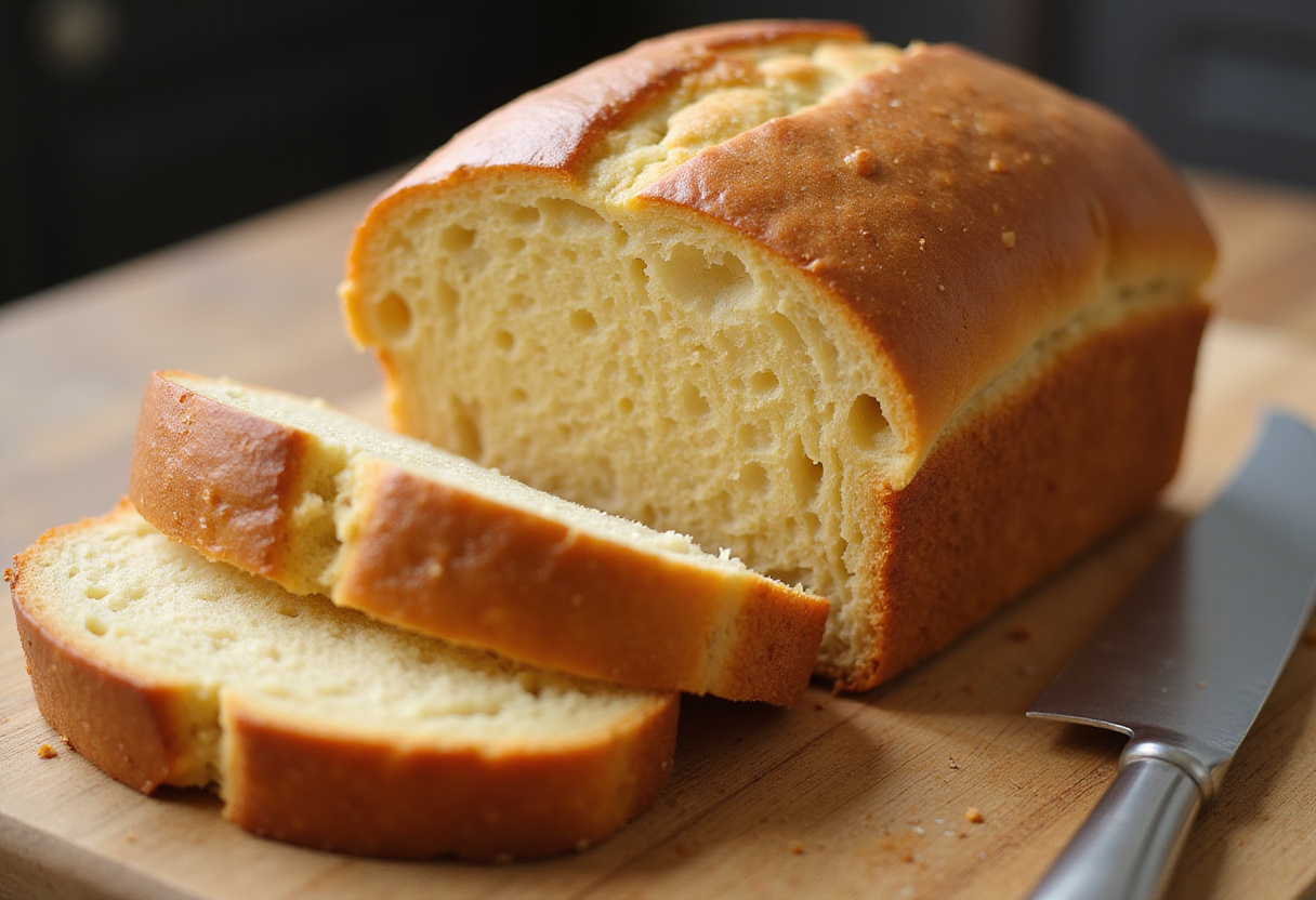 Freshly baked sweet bread from bread machine, sliced and ready to eat.