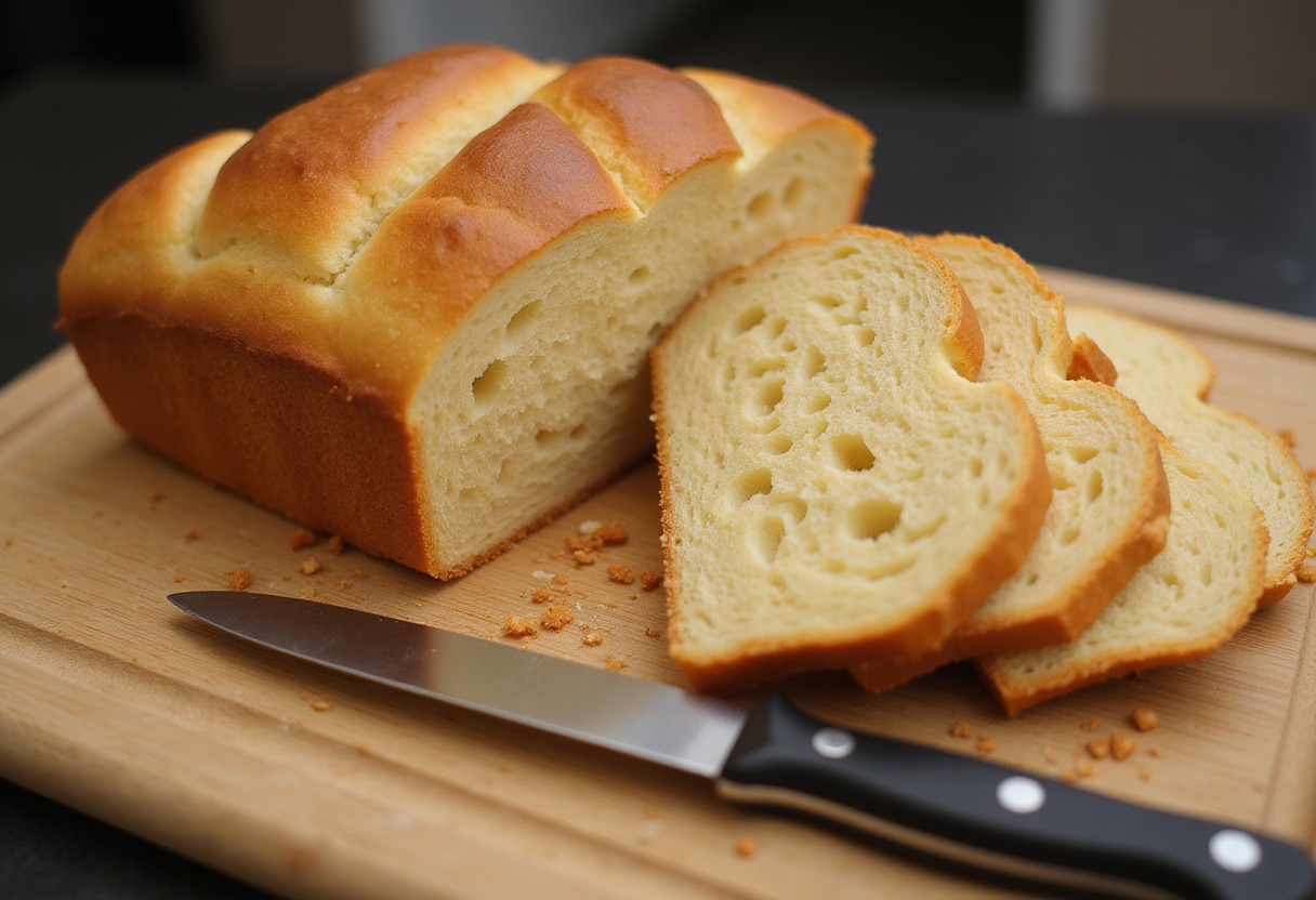 Freshly baked sweet bread from bread machine, sliced and ready to eat.