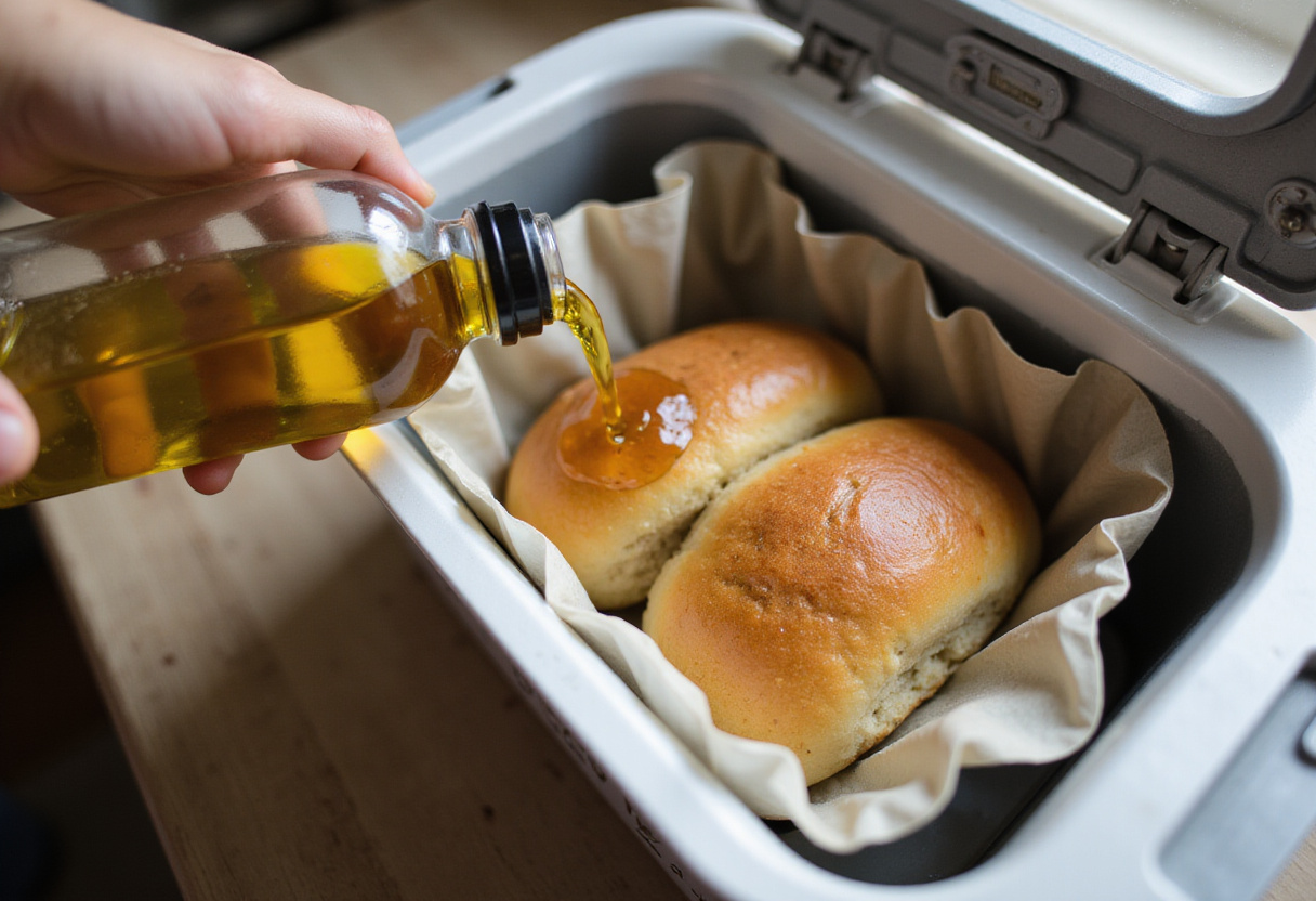 Olive oil and honey being poured into bread machine for unique bread.