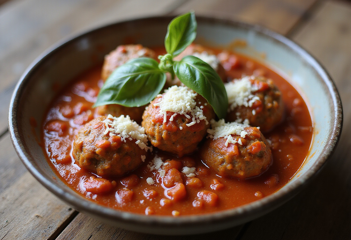 Delicious 4C bread crumb meatballs in tomato sauce with basil and Parmesan.