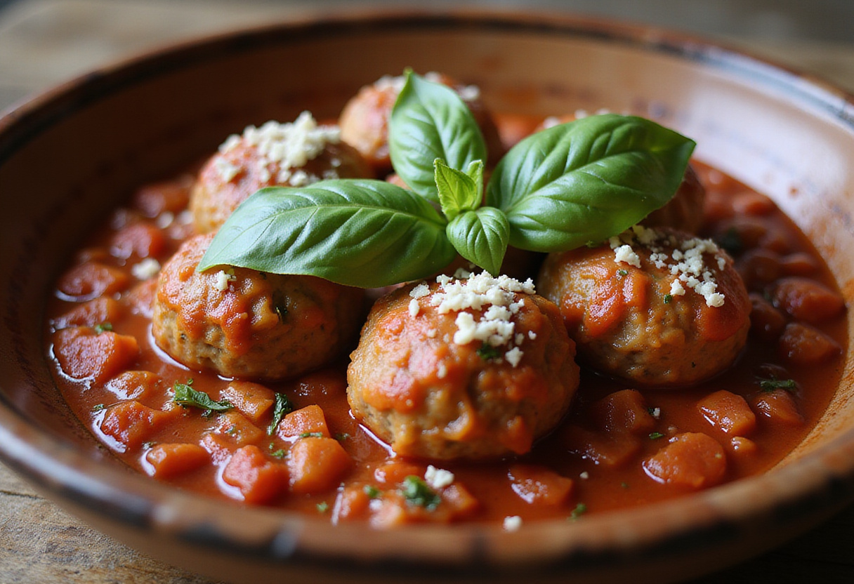 Delicious 4C bread crumb meatballs in tomato sauce with basil and Parmesan.