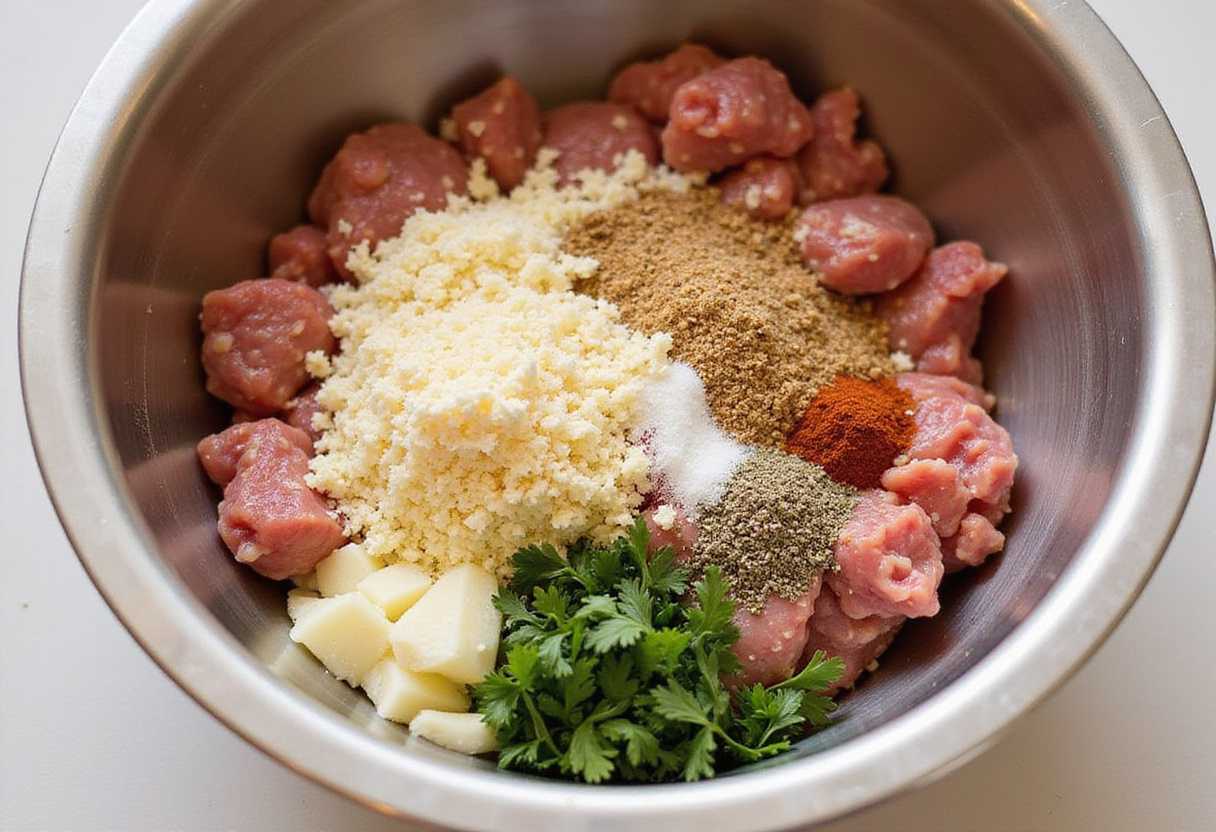 Mixing the bread crumbs meatball ingredients in a bowl.