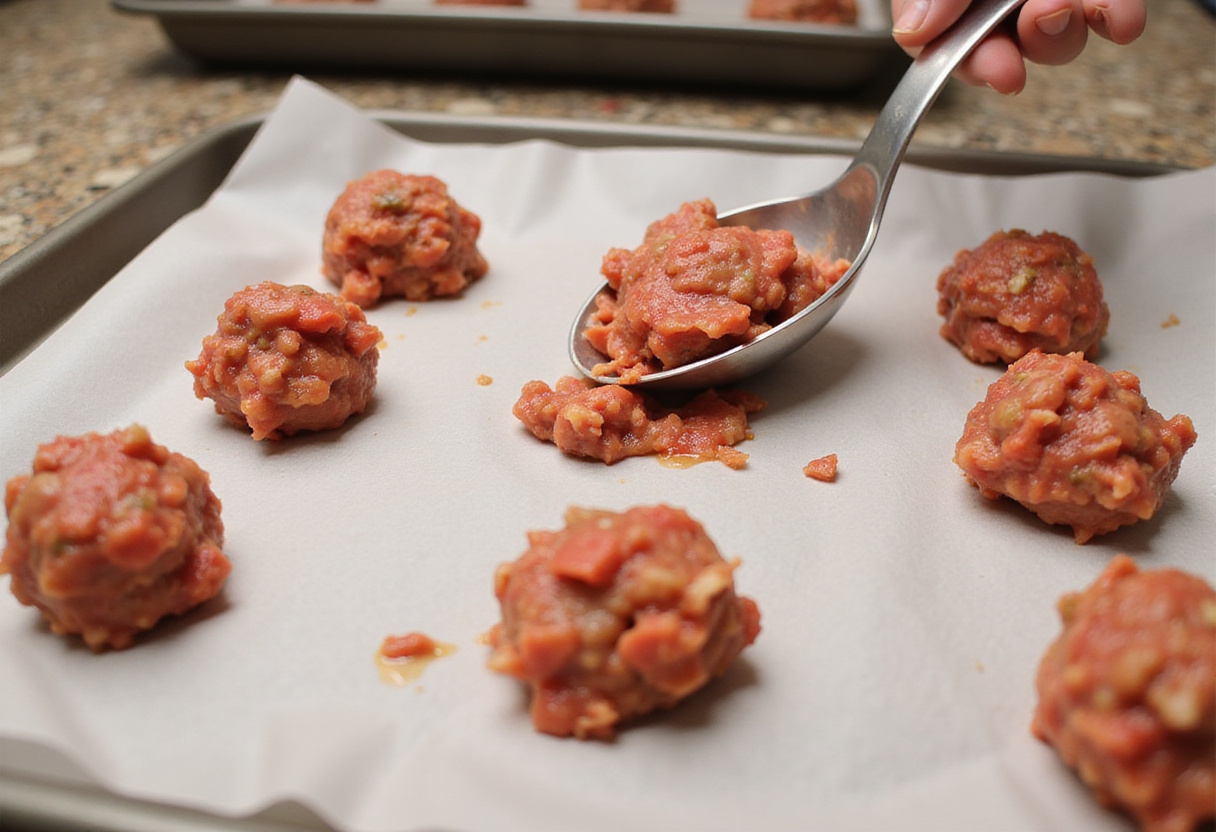 Forming meatballs from the 4C bread crumb mixture.
