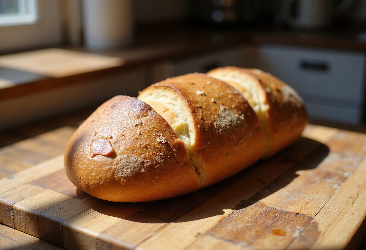 Perfectly baked batard bread, ready to slice and serve.