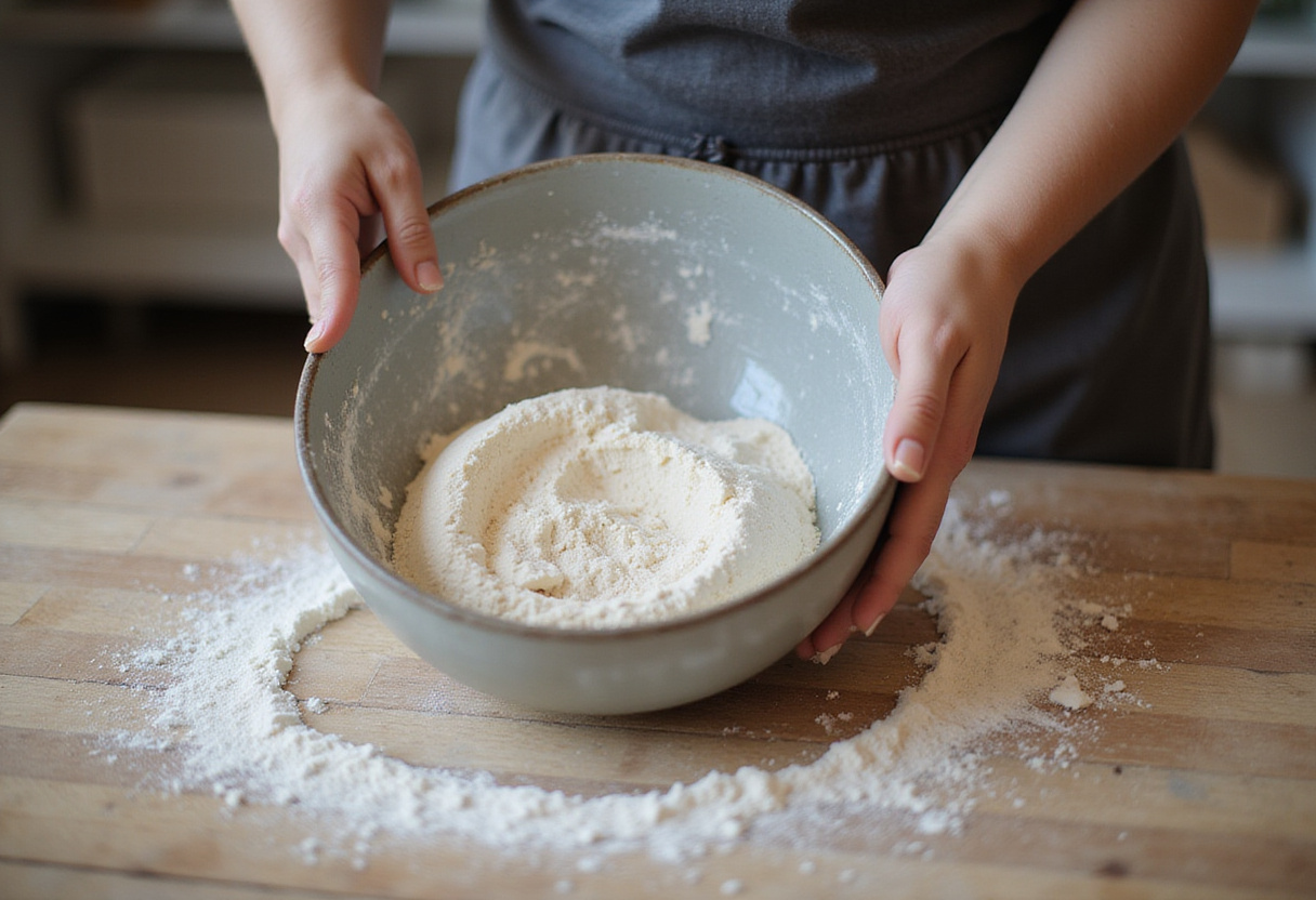 Preparing the flour for batard bread recipe.