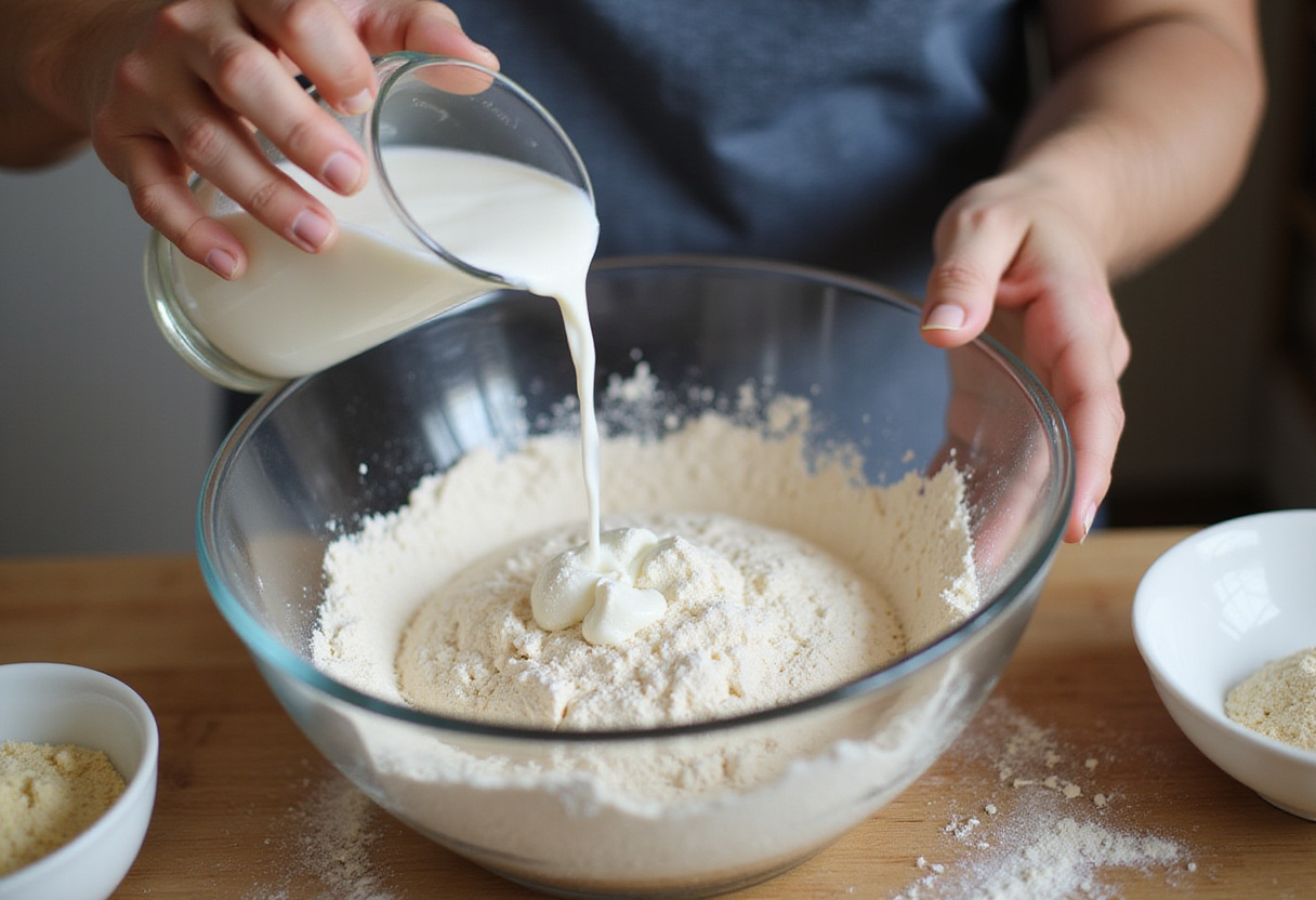 Pouring water and yeast mixture into flour for your batard bread.